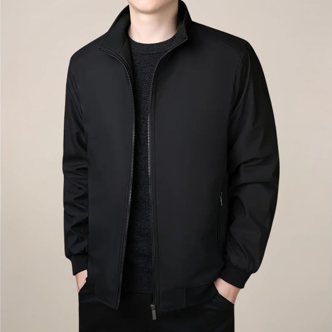 Thermal men's winter jacket, a warm lined zip-up coat designed for comfort and style in cold weather.