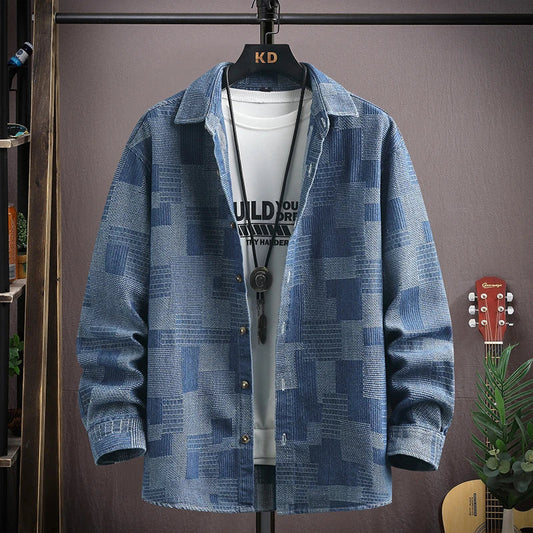 Men's stylish blue & black patchwork denim shirt with snap buttons. Relaxed fit for casual wear or layering.