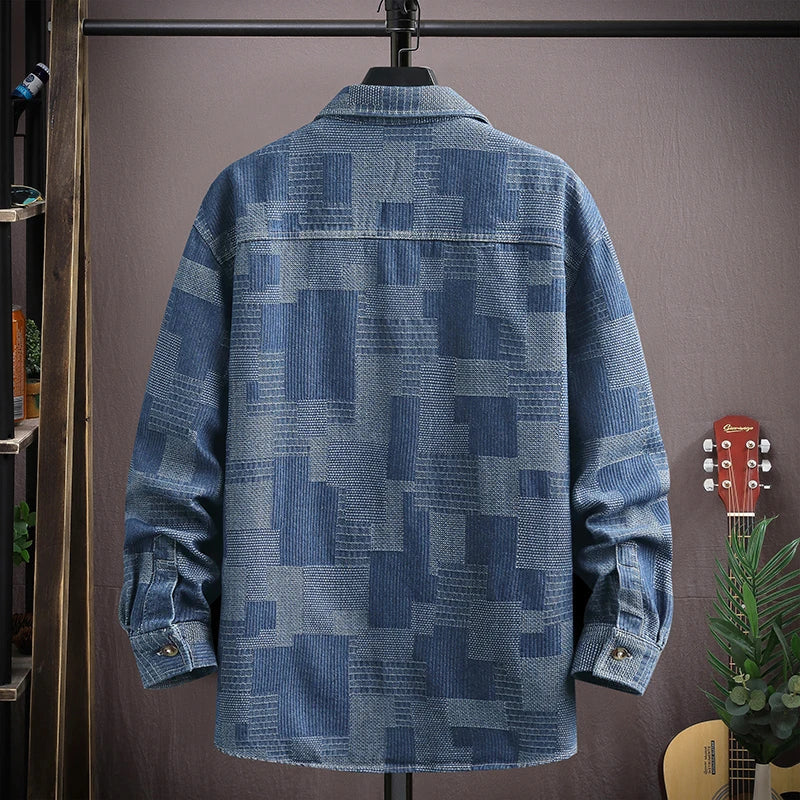 Versatile men's patchwork denim shirt in blue & black, featuring snap buttons. Ideal for casual fashion.