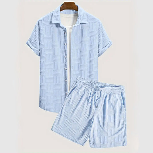 Men's stylish blue comfort lounge ensemble, a relaxed fit two-piece top & bottom set for casual wear.