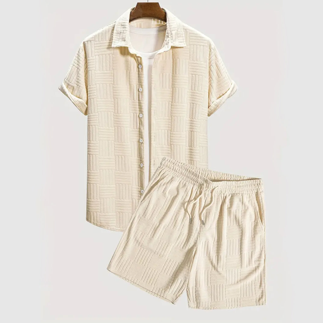 Comfortable men's beige lounge set, a stylish two-piece top & bottom outfit perfect for relaxed casual wear.