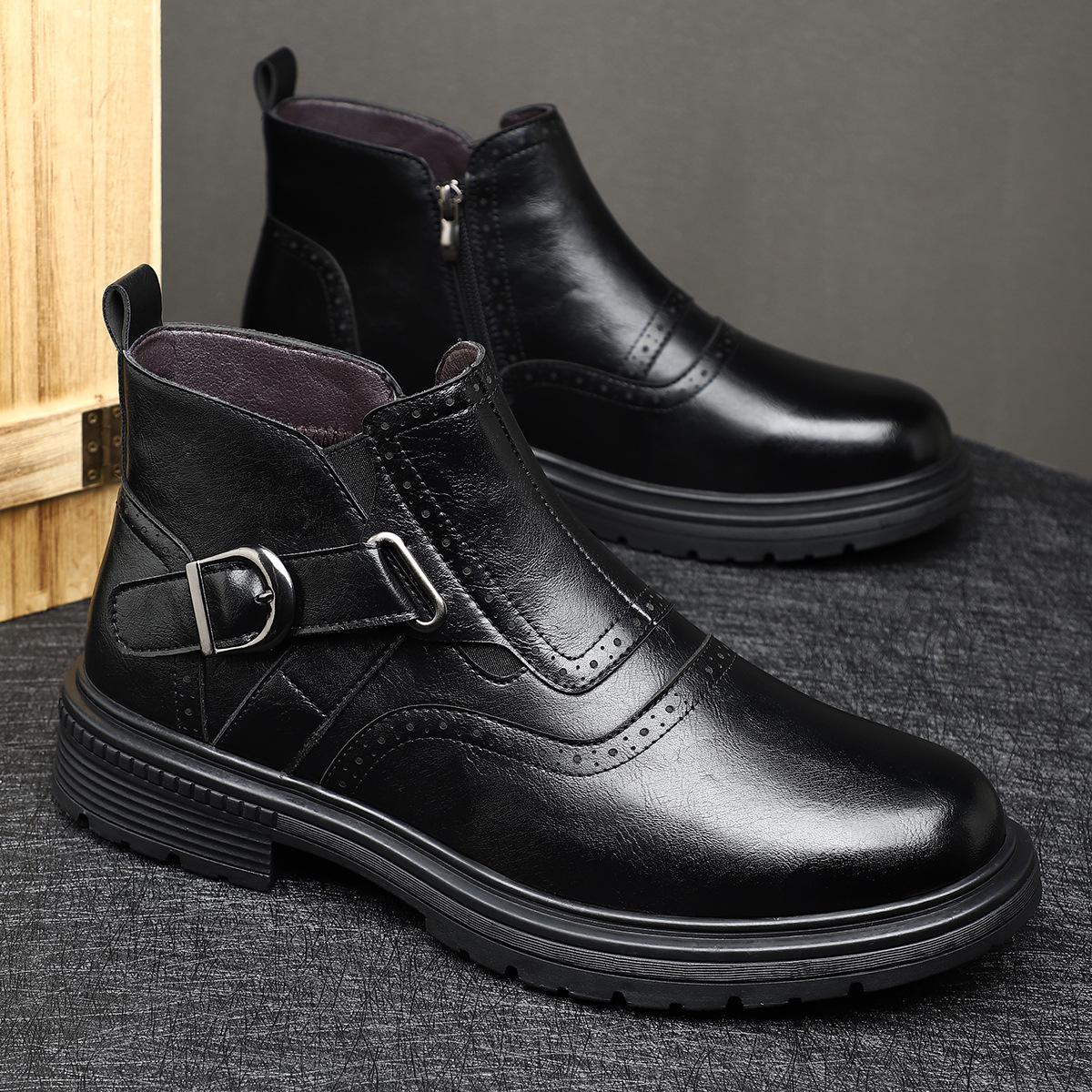 Side view of comfortable men's brogue boots, with durable sole & stylish design for versatile everyday fashion.