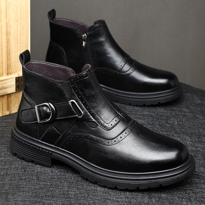 Side view of comfortable men's brogue boots, with durable sole & stylish design for versatile everyday fashion.
