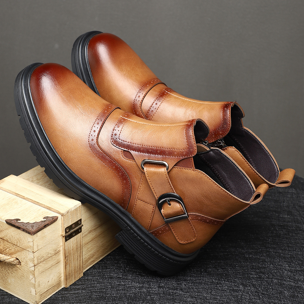 Durable rubber sole of men's brogue boots, offering secure grip & comfort for everyday wear in fall & winter.