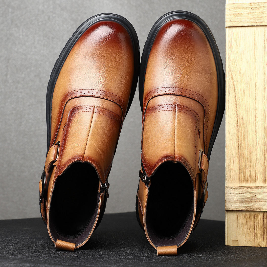 Front view of men's elegant brogue dress boots, suitable for stylish smart casual outfits & everyday comfort.