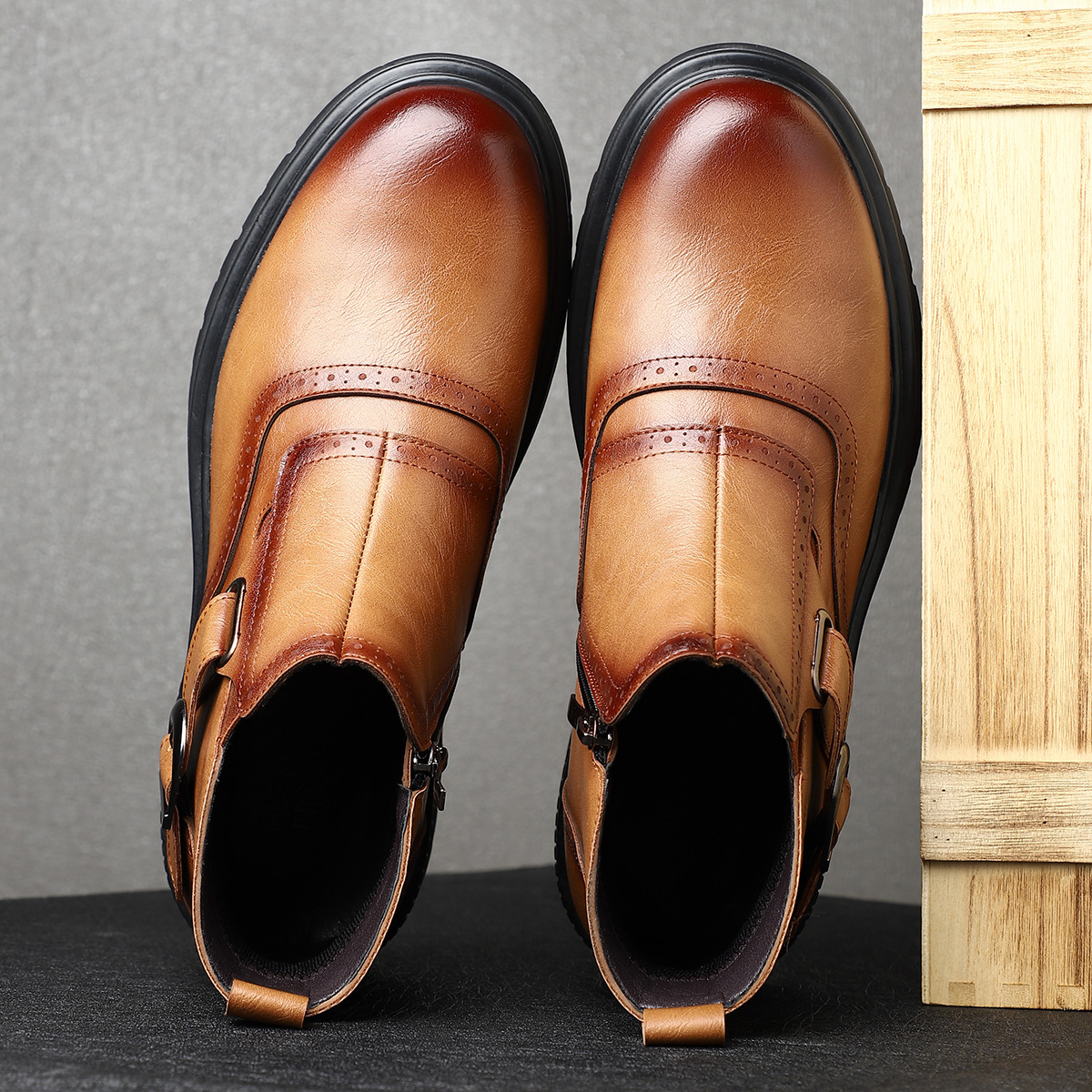 Front view of men's elegant brogue dress boots, suitable for stylish smart casual outfits & everyday comfort.