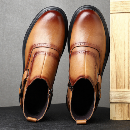Front view of men's elegant brogue dress boots, suitable for stylish smart casual outfits & everyday comfort.