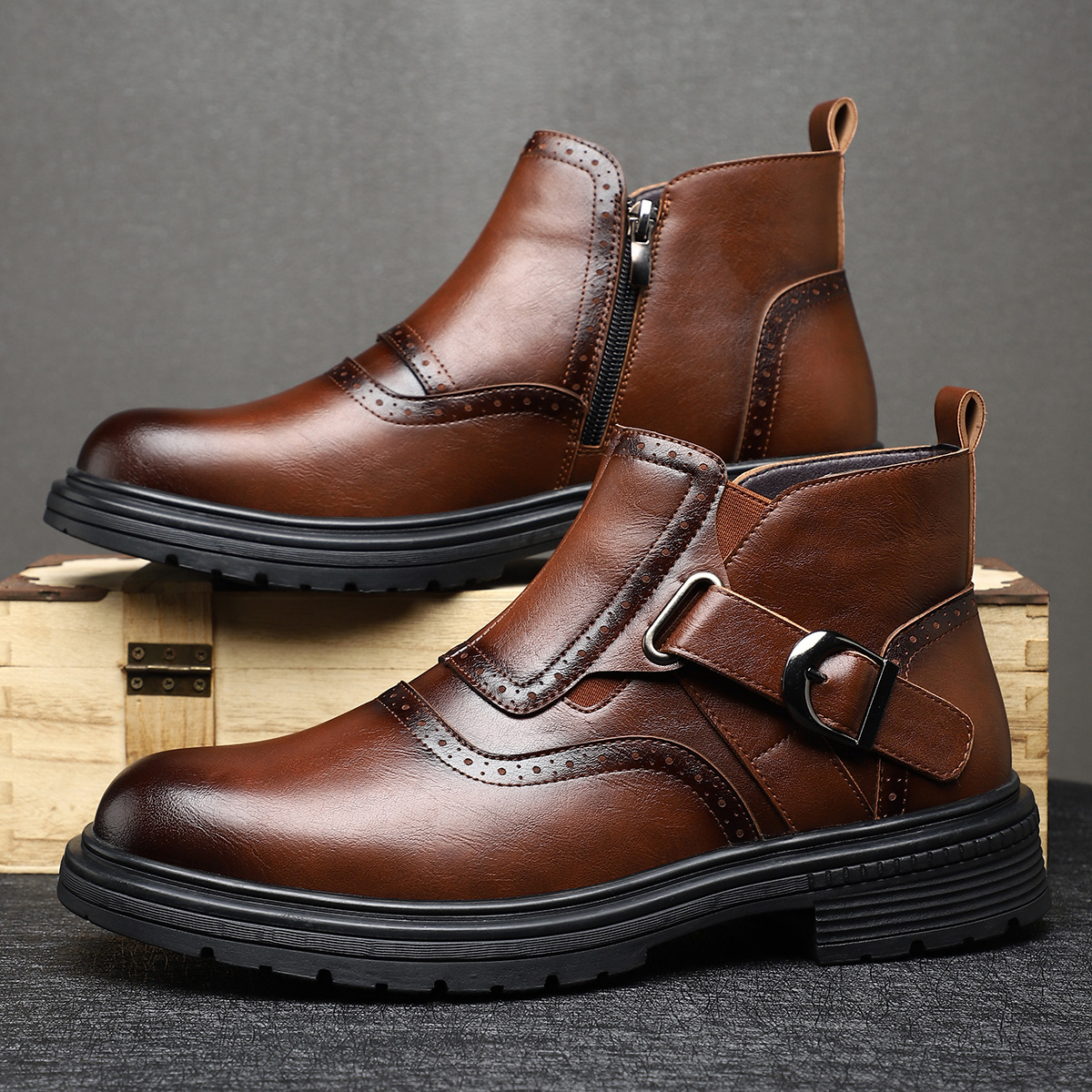 Premium leather men's brogue boots, designed for comfortable everyday wear, stylish fall fashion & secure grip.