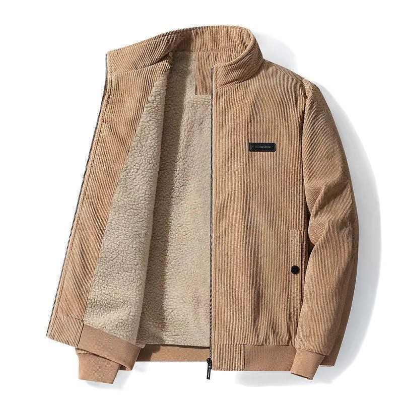 Warm men's corduroy winter jacket for outdoor adventures, offering rugged style & comfort.
