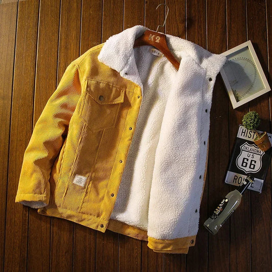 Men's stylish brown corduroy jacket with snap buttons, perfect for casual fall & winter outerwear.