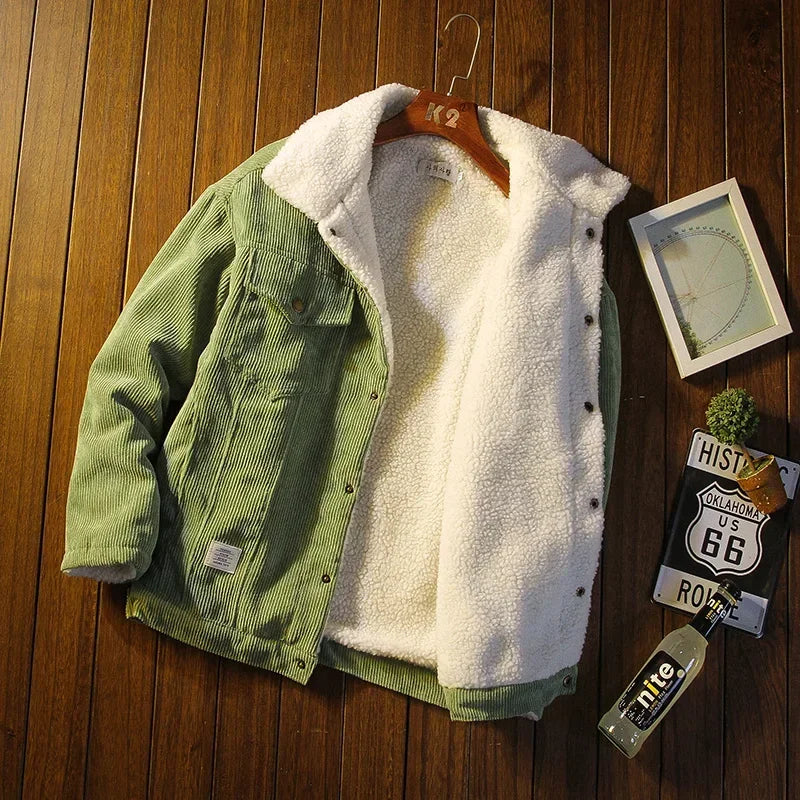 Casual men's corduroy jacket with snap buttons, ideal for fall fashion, layering, and everyday stylish wear.
