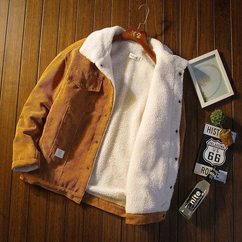 Classic men's corduroy snap button jacket in a rich color, versatile for men's fashion and cool weather layering.
