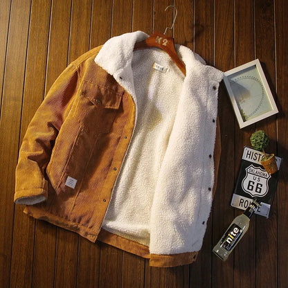 Classic men's corduroy snap button jacket in a rich color, versatile for men's fashion and cool weather layering.