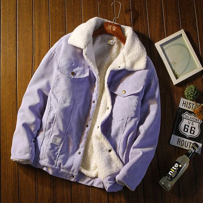 Trendy men's corduroy jacket featuring snap buttons, comfortable outerwear for casual winter and fall fashion.