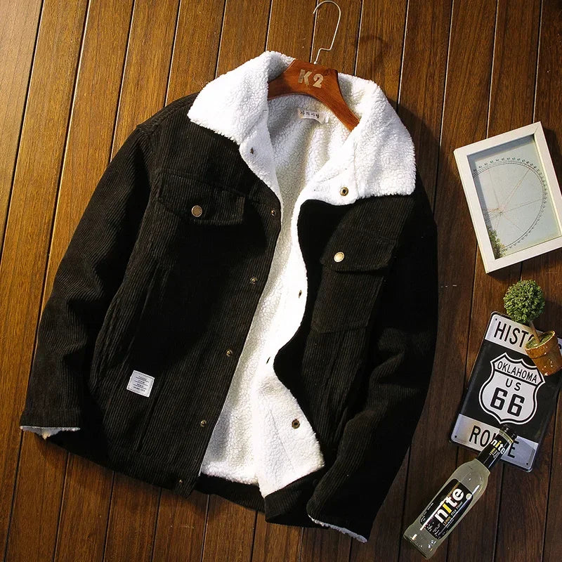 Modern men's corduroy jacket with snap button closure, a stylish and warm piece for fall and winter apparel.
