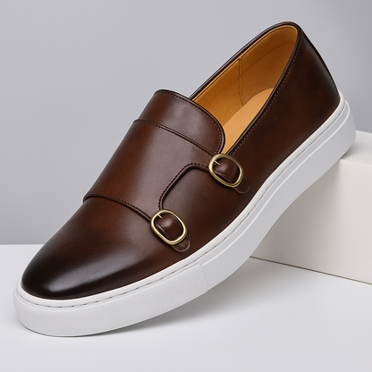 Men's stylish brown leather monk strap loafers, perfect for formal or business casual fashion.