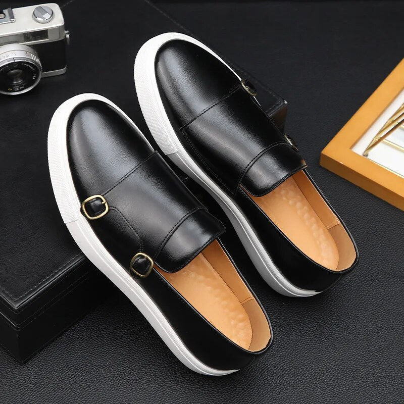 Elegant navy blue monk strap loafers for men, comfortable & stylish for any modern wardrobe.