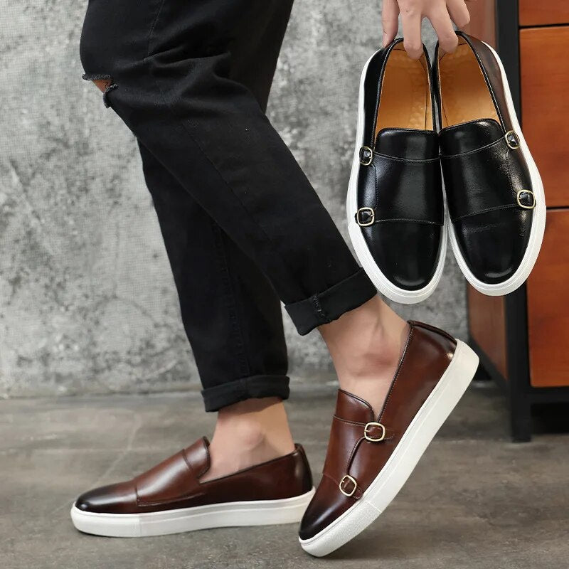 Angled view of comfortable brown monk strap loafers, perfect for modern men's business fashion.