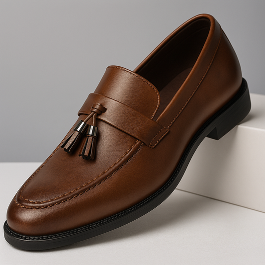 Men's stylish brown leather tassel loafers, perfect slip-on dress shoes for formal or casual wear.