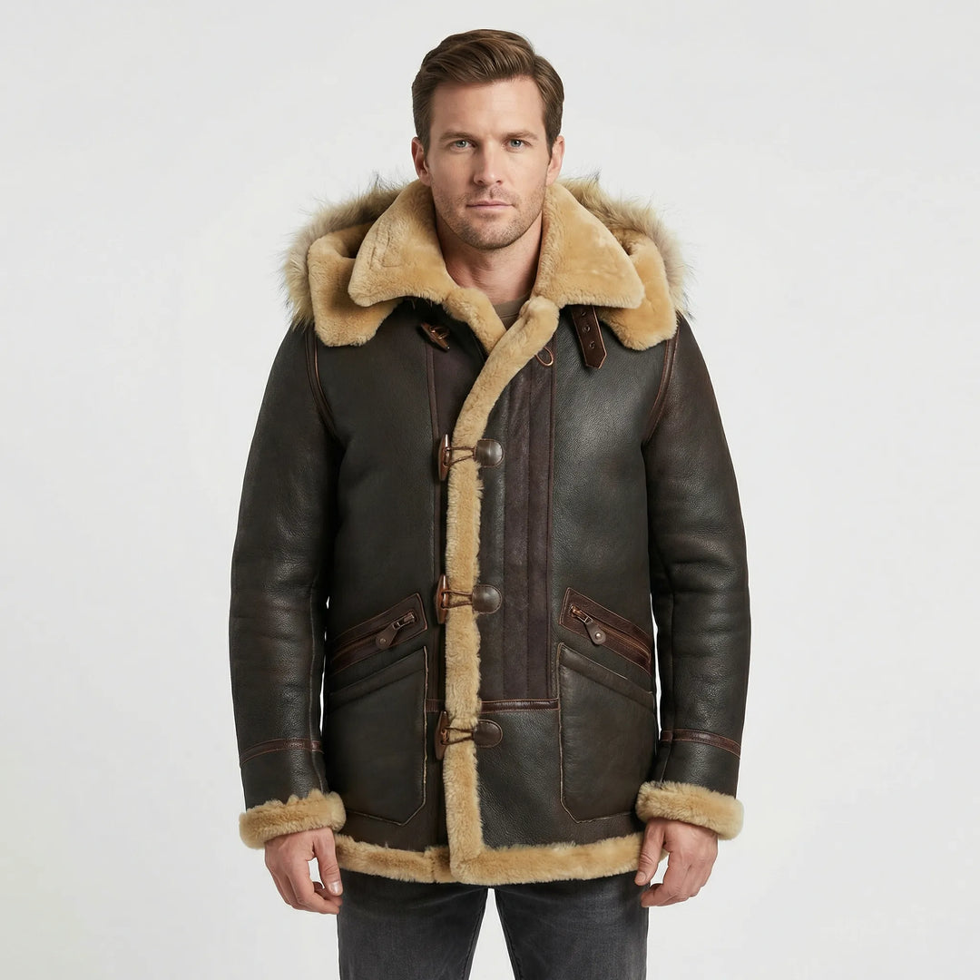 Warm men's brown padded hooded jacket with a tailored fit, ideal stylish winter outerwear & cold weather coat.