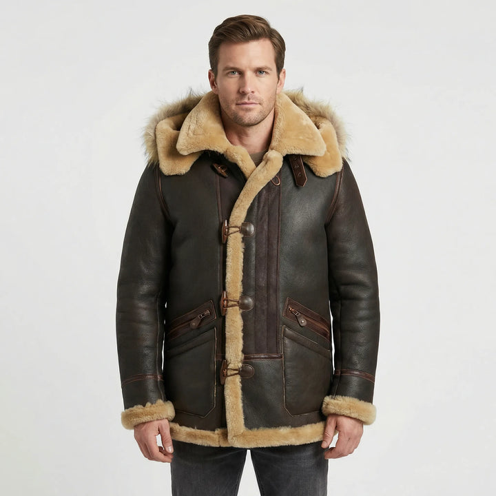 Warm men's brown padded hooded jacket with a tailored fit, ideal stylish winter outerwear & cold weather coat.