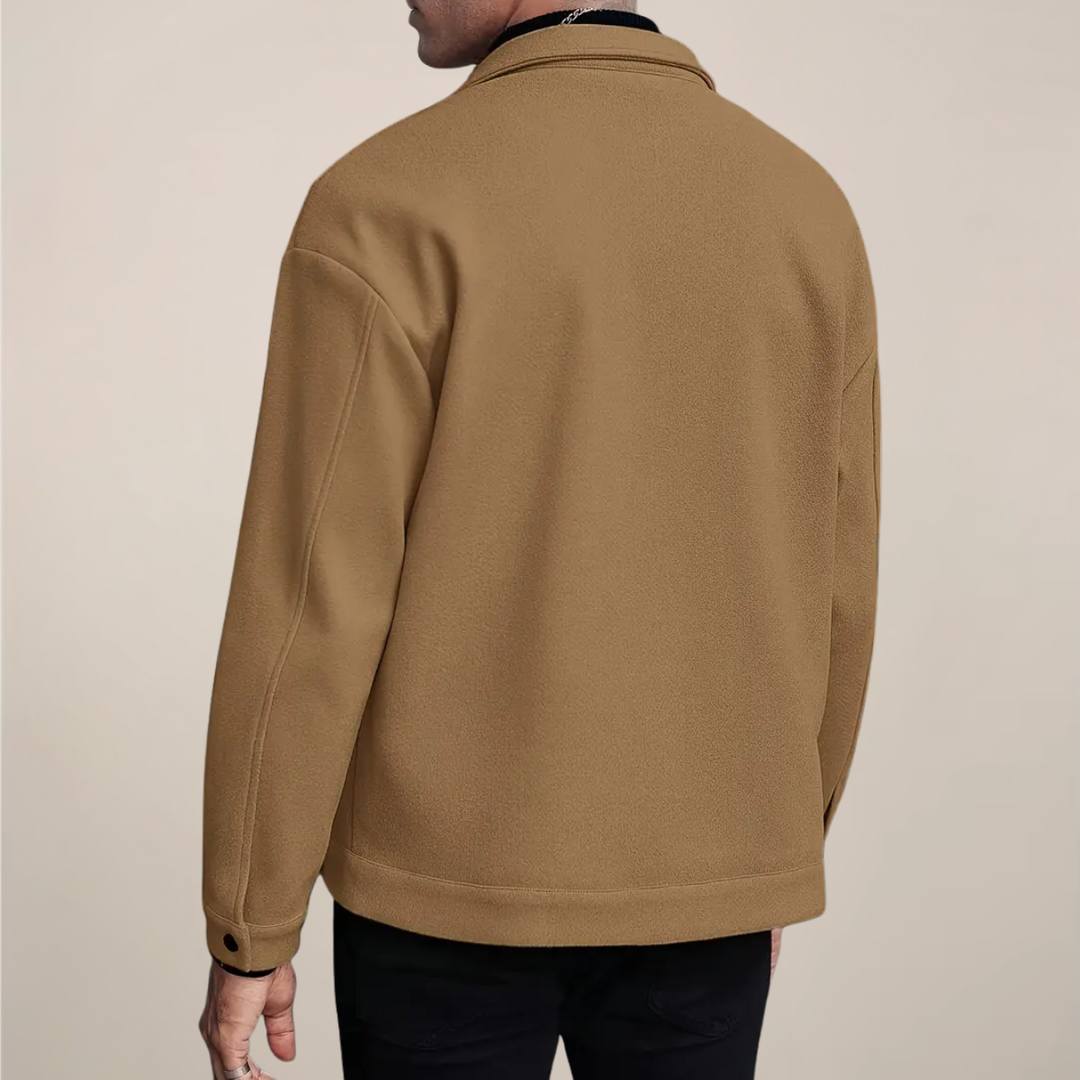 Versatile men's button-up fall/winter jacket, ideal casual layering piece with structured collar.