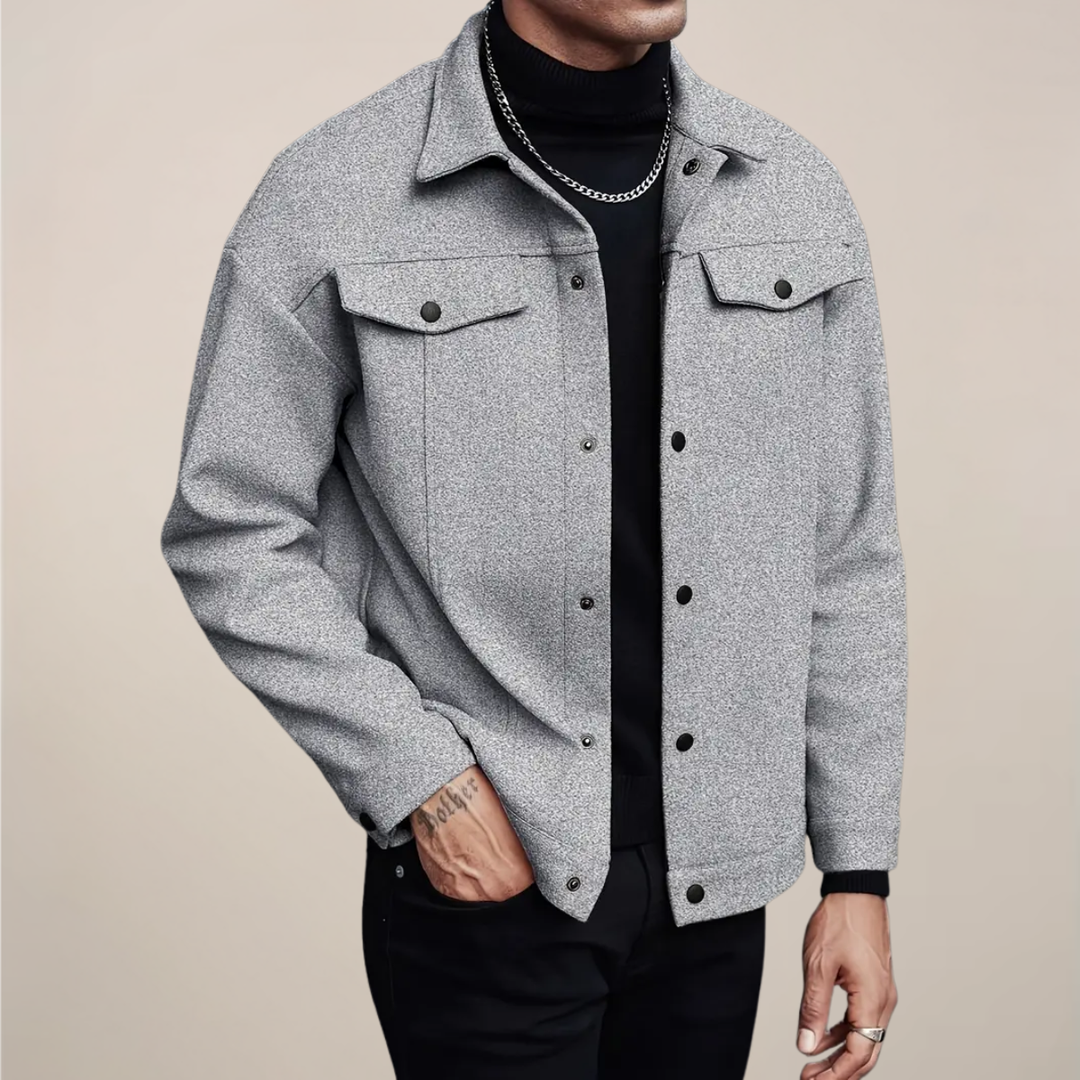 Stylish men's fall/winter button-up jacket, a smart casual short coat for everyday outerwear.