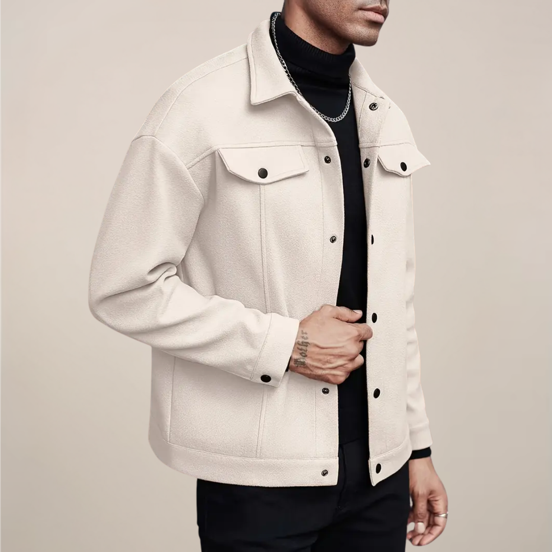 Comfortable men's button-up fall/winter jacket, smart casual layering piece for men's fashion.