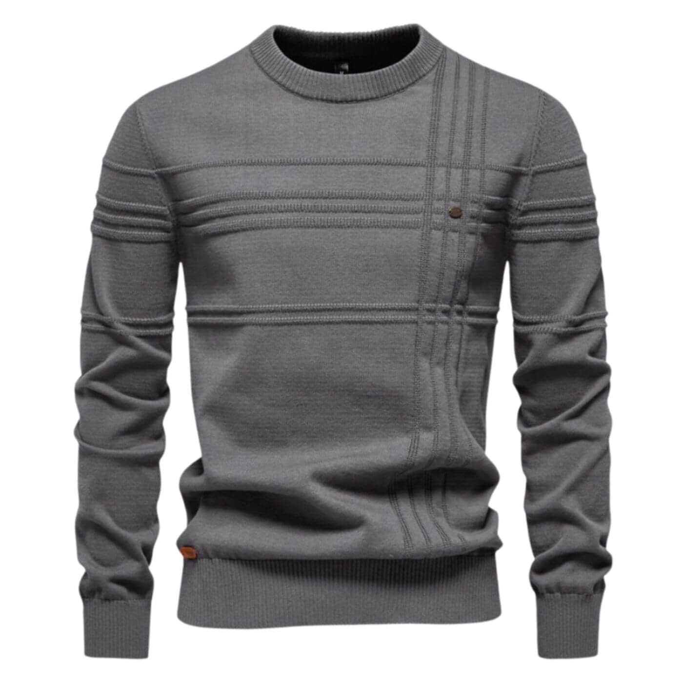 Comfortable men's long sleeve sweater, versatile for casual or smart-casual occasions with refined details.