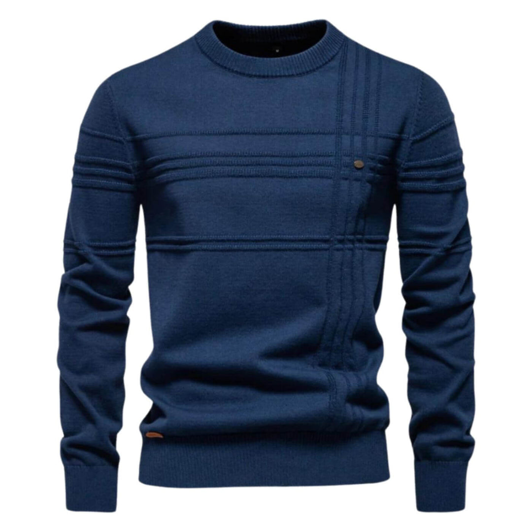 Stylish men's crew neck sweater featuring a subtle refined line detail. Ideal for a modern, relaxed look.