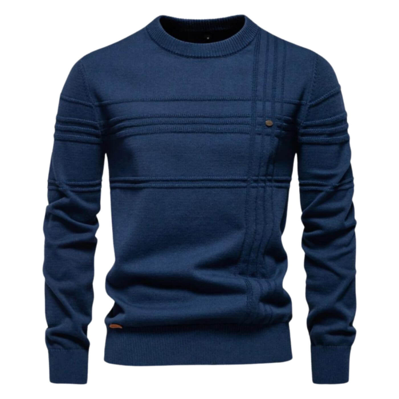 Stylish men's crew neck sweater featuring a subtle refined line detail. Ideal for a modern, relaxed look.