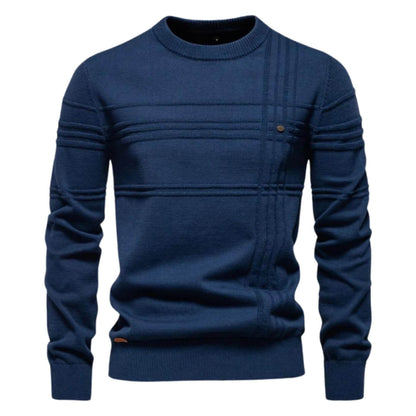 Stylish men's crew neck sweater featuring a subtle refined line detail. Ideal for a modern, relaxed look.