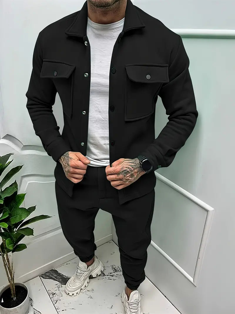Men's stylish casual jacket and trousers set for everyday comfort. Perfect fall loungewear.