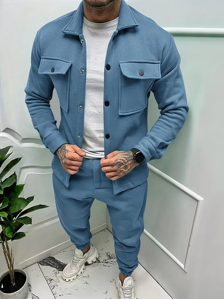Versatile men's fashion set: stylish jacket & relaxed trousers for complete comfort.