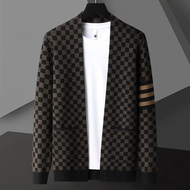 Men's stylish checkered cardigan with striped sleeve accent. Open front, long sleeve, casual fashion.