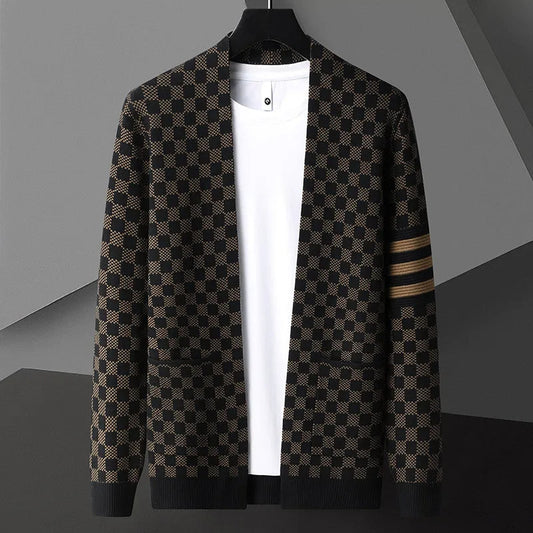 Men's stylish checkered cardigan with striped sleeve accent. Open front, long sleeve, casual fashion.