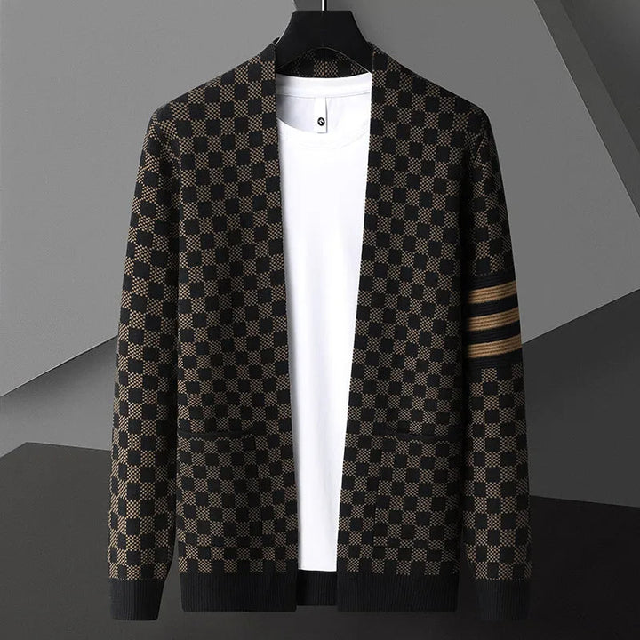 Men's stylish checkered cardigan with striped sleeve accent. Open front, long sleeve, casual fashion.