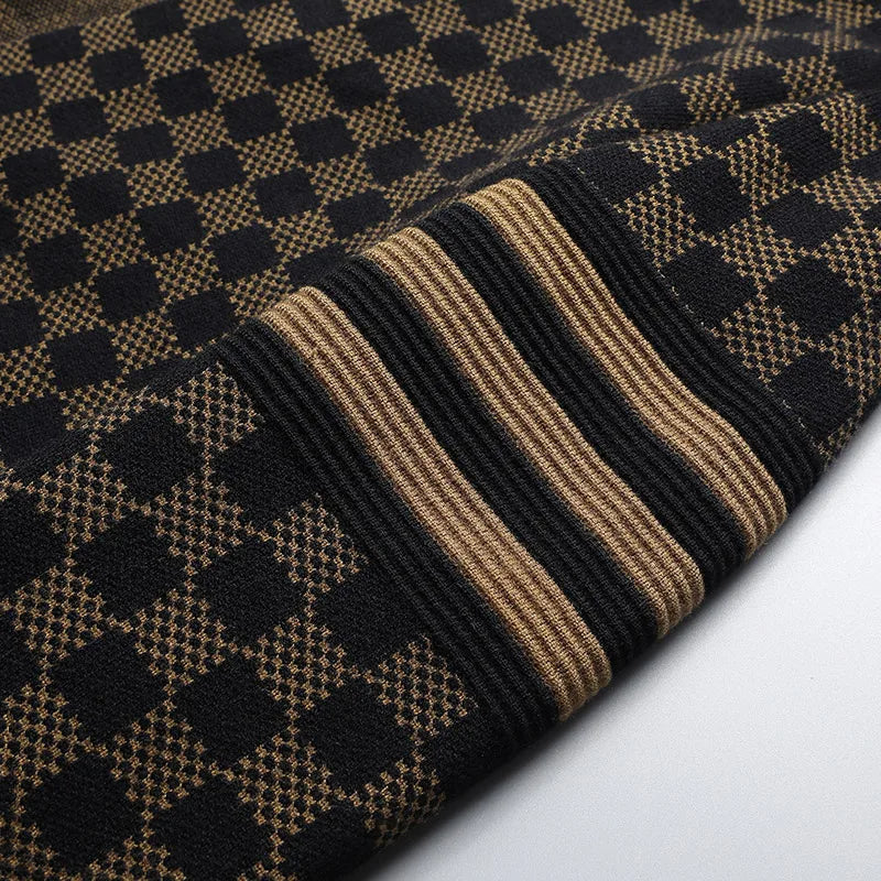 Modern men's apparel: checkered long sleeve cardigan with eye-catching striped cuffs. Perfect for casual style.