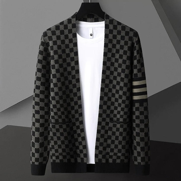 Stylish men's layering top: checkered cardigan with a distinctive striped sleeve accent. Comfortable & versatile.