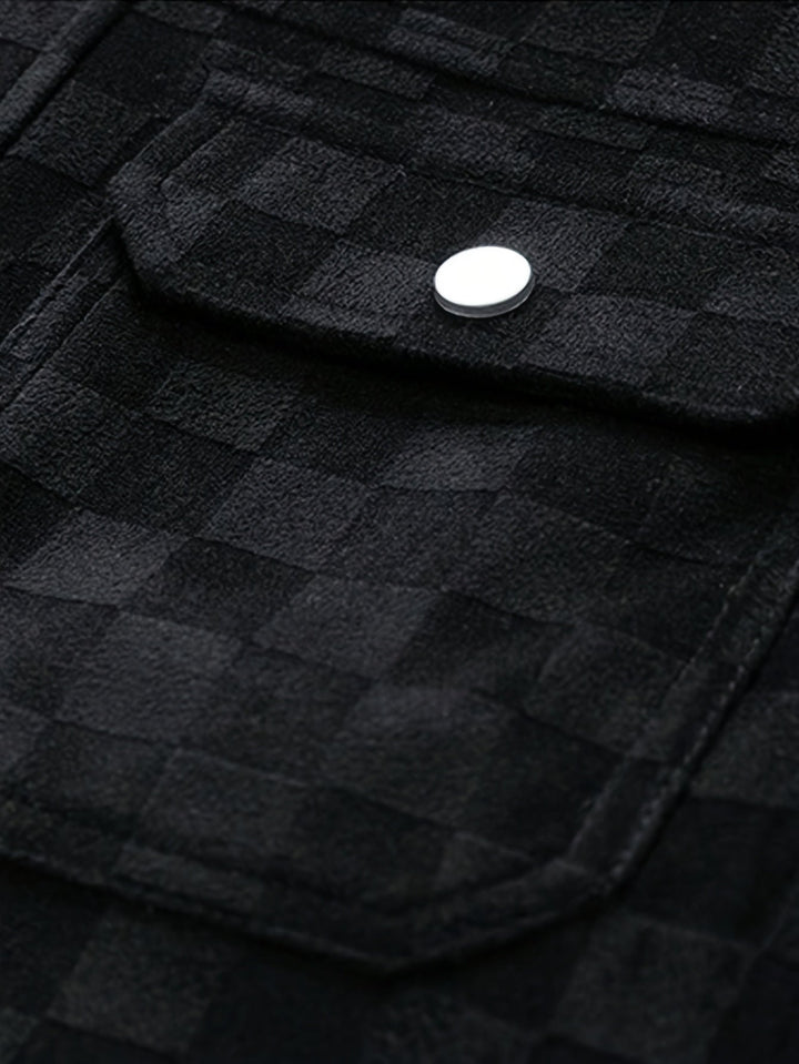 Men's structured checkered jacket with modern fit, snap cuffs & pockets. Versatile casual outerwear.