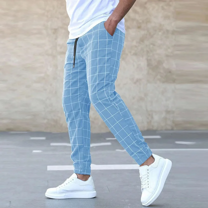Comfortable men's checkered tapered joggers. Ideal for athletic activities or relaxed lounge wear.