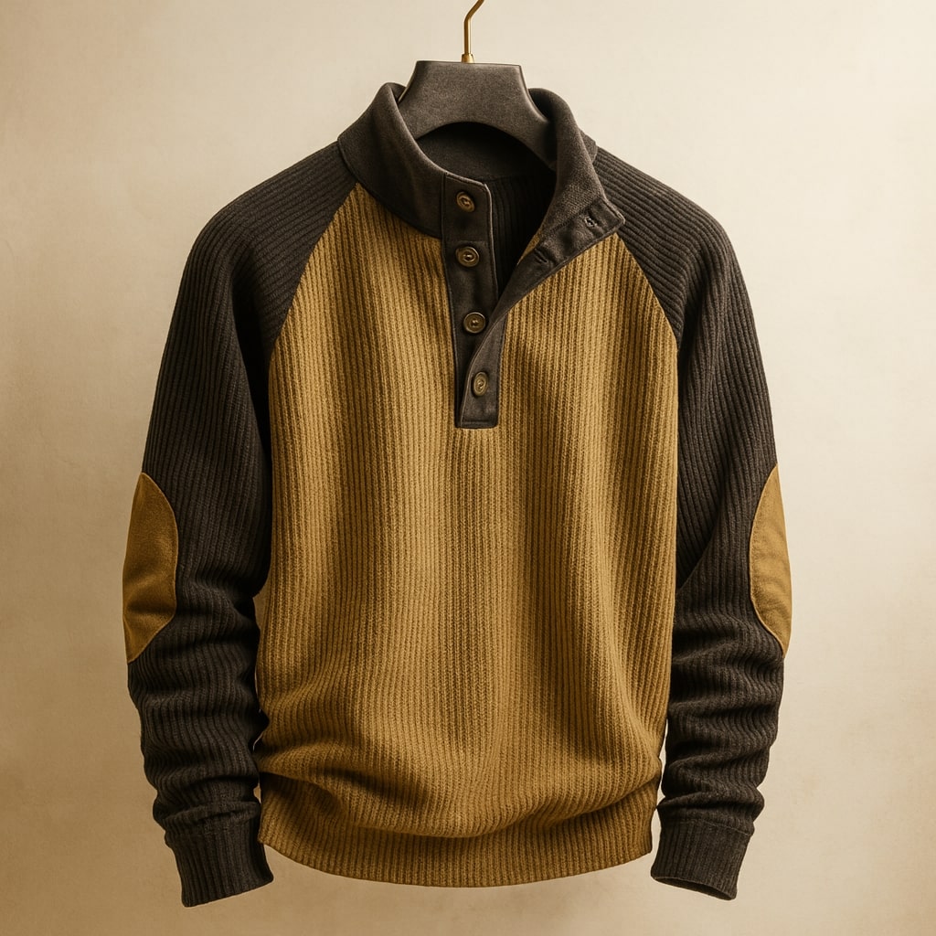Modern men's color block raglan sweater with ribbed details. Perfect for casual wear.