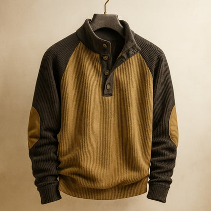 Modern men's color block raglan sweater with ribbed details. Perfect for casual wear.