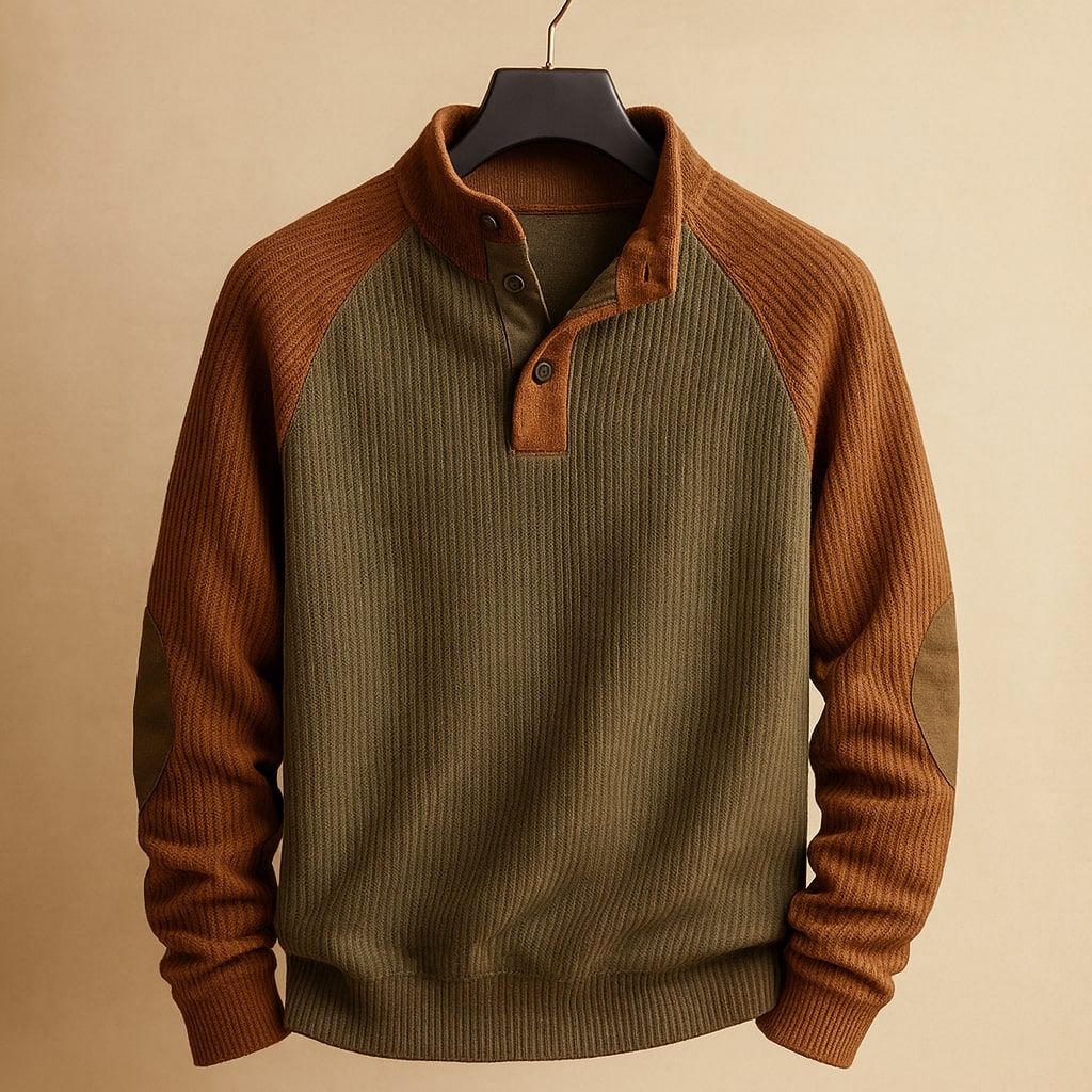 Stylish men's color block raglan sweater. Features a unique raglan sleeve design.