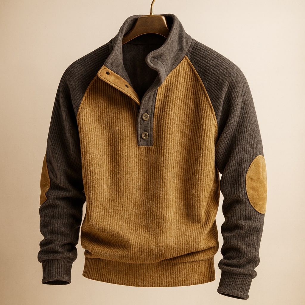 Warm men's color block raglan sweater, great for winter layering and everyday comfort.