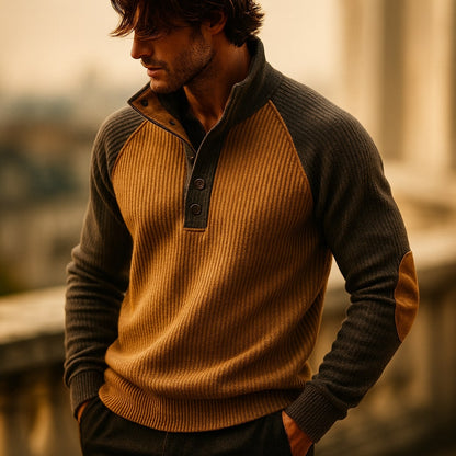 Men's stylish color block raglan sweater with ribbed cuffs and hem. Modern design.