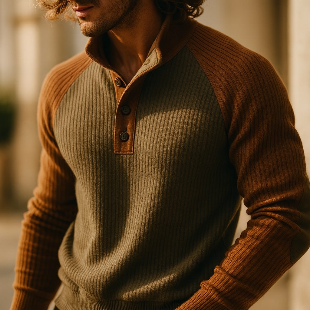 Everyday men's color block raglan sweater. Versatile long sleeve top for a stylish look.