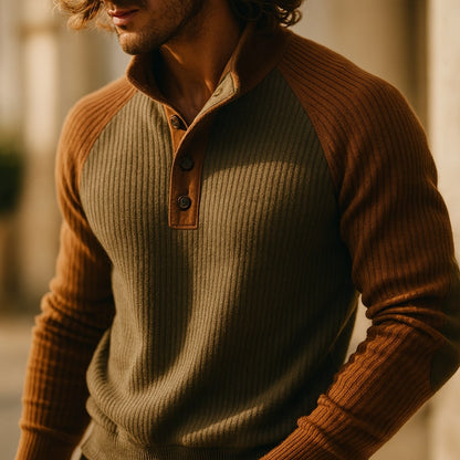 Everyday men's color block raglan sweater. Versatile long sleeve top for a stylish look.