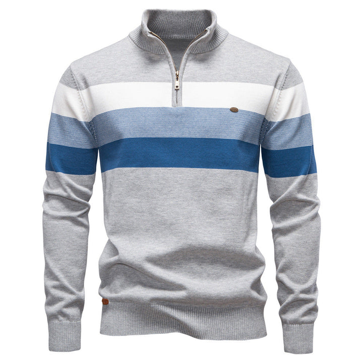 Men's stylish colorblock half-zip sweater, perfect for modern layering and casual fall fashion.