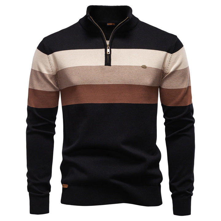 Modern men's casual half-zip sweater, featuring a stylish colorblock design.